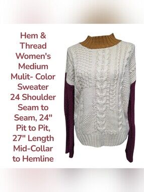 Hem & Thread Women's Sweater Cream/ Tan/ Mulberry M Euc